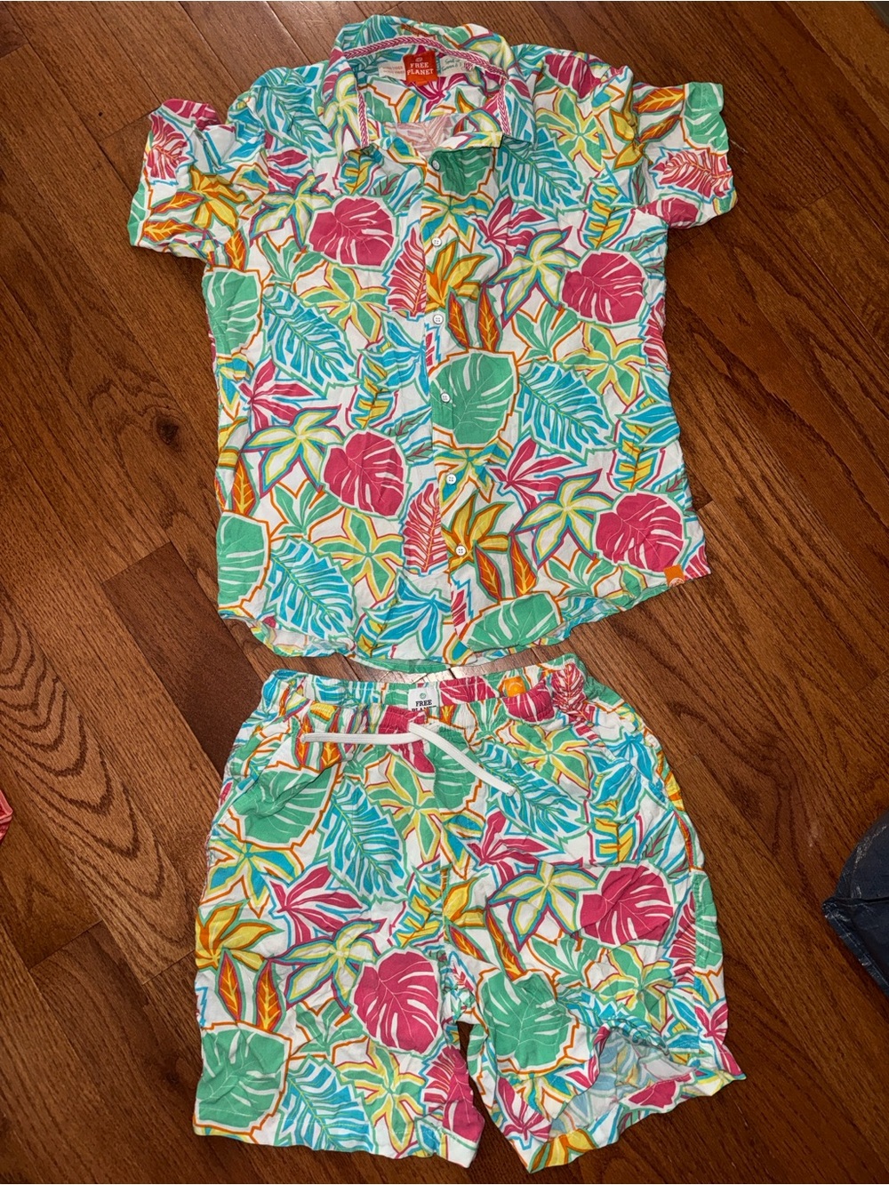 Free Planet Tropical Leaf Print Lounge Set in Green, Pink & Teal